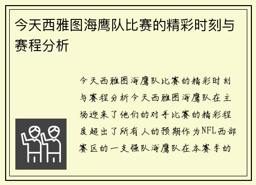 今天西雅图海鹰队比赛的精彩时刻与赛程分析